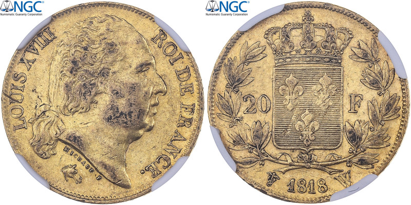 France, Louis XVIII, 20 Francs, 1818, Lille, Gold, NGC, AU58, Gadoury:1028
Head...