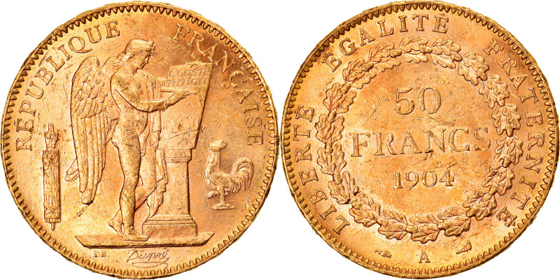 France, 50 Francs, Génie, 1904, Paris, Gold, AU(50-53), Gadoury:1113
Winged Gen...