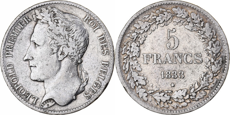 Belgium, Leopold I, 5 Francs, 5 Frank, 1833, Brussels, Tranche A, Silver
Laurea...