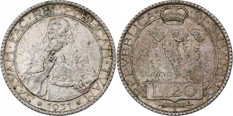 San Marino, 20 Lire, 1931, Rome, Silver, EF(40-45), KM:11
Crowned upright styli...