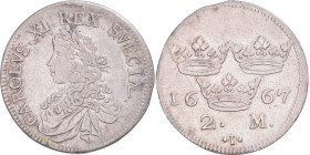 Coin, Sweden, Karl XI, 2 Mark, 1667, Stockholm, EF(40-45), Silver, KM:237a