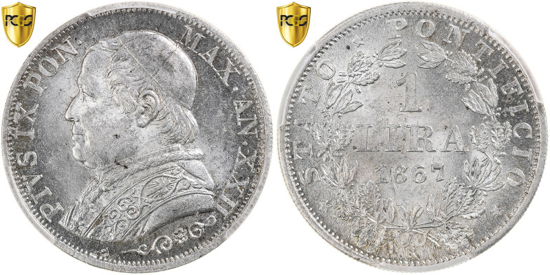 Papal States, Pius IX, Lira, 1867, Rome, Silver, PCGS, MS63, KM:1378
Bust of Pi...