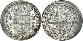 Coin, Spain, Philip V, 2 Reales, 1724, Seville, AU(50-53), Silver, KM:307