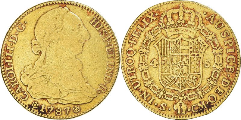 Spain, Charles III, 4 Escudos, 1787, Seville, Gold, VF(20-25), KM:418.2a
Bust o...