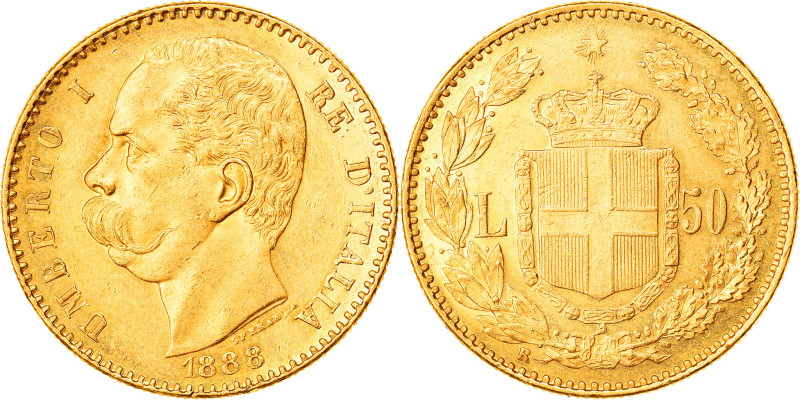 Italy, Umberto I, 50 Lire, 1888, Rome, Gold, AU(55-58), KM:25
Bare head of Umbe...