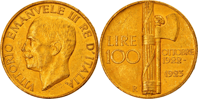 Italy, Vittorio Emanuele III, 100 Lire, 1923, Rome, Gold, AU(50-53), KM:65
Head...