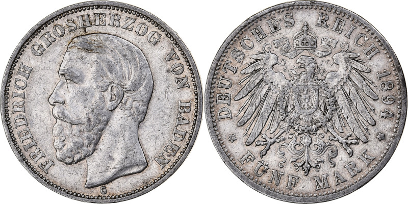 Germany, Grand-duchy of Baden, Friedrich I, 5 Mark, 1894, Karlsruhe, Silver
Bar...