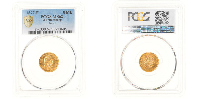 Kingdom of Württemberg, Karl I, 5 Mark, 1877, Stuttgart, Gold, PCGS, MS62
Bare ...