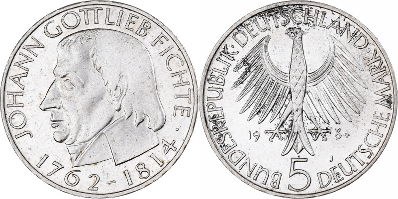 Germany, 5 Mark, Johann Gottlieb Fichte, 1964, Hamburg, Proof, Silver, MS(60-62)...