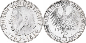 Germany, 5 Mark, Johann Gottlieb Fichte, 1964, Hamburg, Proof, Silver, MS(60-62)