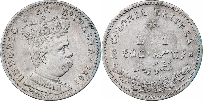 Italian Eritrea, Umberto I, Lira, 1891, Rome, Silver, AU(50-53), KM:2
Laureate ...