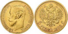 Russia, Nicholas II, 5 Roubles, 1900, Saint Petersburg, Gold, AU(50-53)