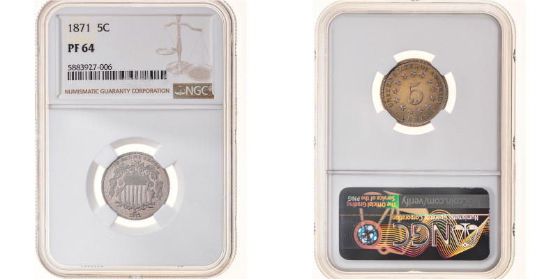 United States, 5 Cents, Shield Nickel, 1871, Philadelphia, Proof, NGC, PF64
Shi...