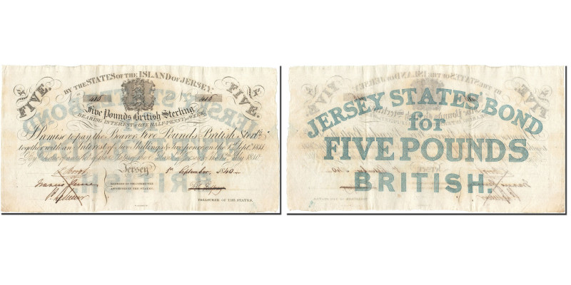 Jersey, 5 Pounds, 1840-09-01, AU 55, PMG
Pen cancelled., Arms at upper center.,...