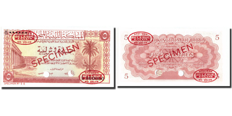 Libya, 5 Piastres, 1951, Specimen, UNC 64, PMG
Colonnade at left, palm tree at ...