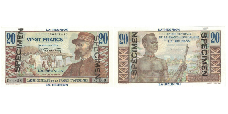 Réunion, 20 Francs, Specimen, UNC 67 EPQ, PMG
Specimen., Four people with huts ...