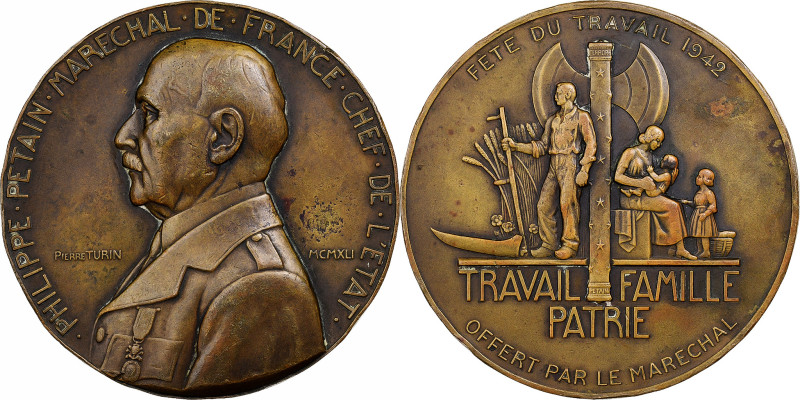 France, Medal, Fête du Travail, 1942, Bronze, Turin, AU(50-53)
Bust of Marechal...