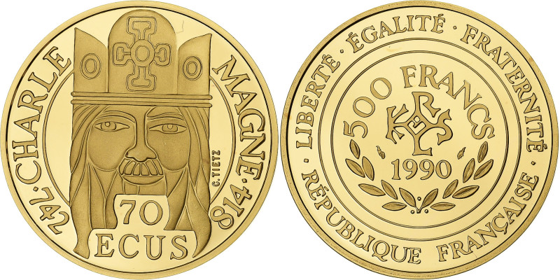 France, 500 Francs, 70 Écus, Charlemagne, 1990, Monnaie de Paris, Proof, Gold
C...