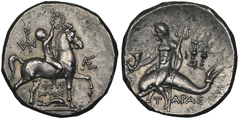 Nomos ou didrachme, Taras, 280-240 avant J.C., AG 6.44 g.
Avers : cavalier nu su...