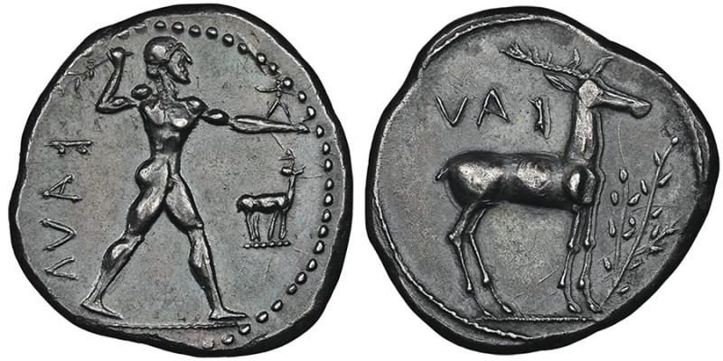 BRUTTIUM Statère, Caulonia, 475-410 avant J.C., AG 8.04 g. Avers : Apollon nu, l...