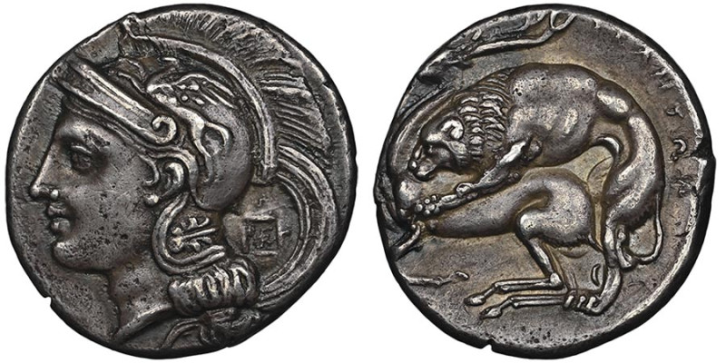 Nomos ou didrachme, Velia, 300-280 avant J.C.,
AG 7.36 g.
Avers : Tête casquée d...