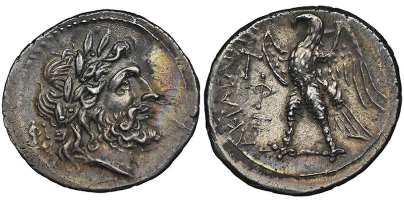 1/2 Shekel, Akragas, 213-211 avant J.C, AG 3.12 g. Avers : Tête (laurée et barbu...