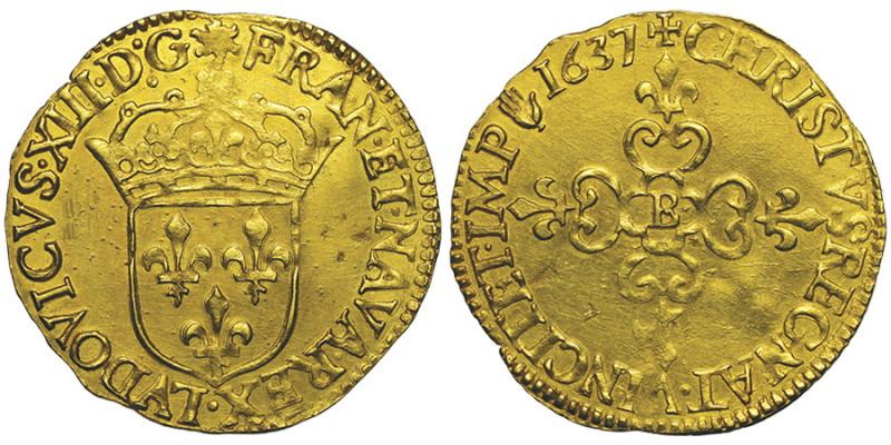 Louis XIII 1610-1643
Écu d'or, Rouen, 1637 B (main), AU 3.37 g.
Ref : G. 55, Dup...