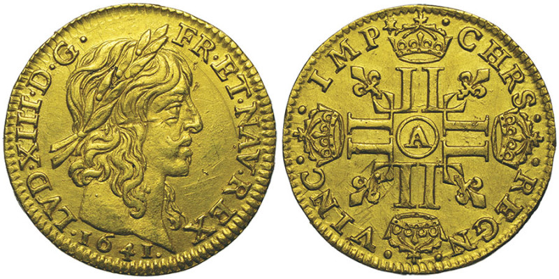 Louis XIII 1610-1643
1/2 Louis d'or, Paris, à la mèche longue, 1641 A, AU 3.37 g...