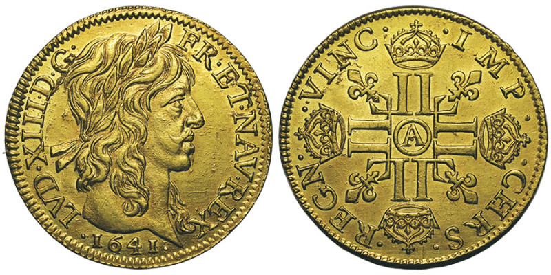 Louis XIII 1610-1643
Louis d'or à la mèche longue, CHRS à 3h, Paris, 1641 A, AU ...