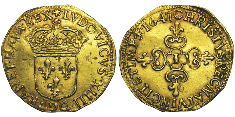 Louis XIV 1643-1715
Écu d’or frappé au marteau, Limoges, 1647 I, AU 3,37 g. Ref ...