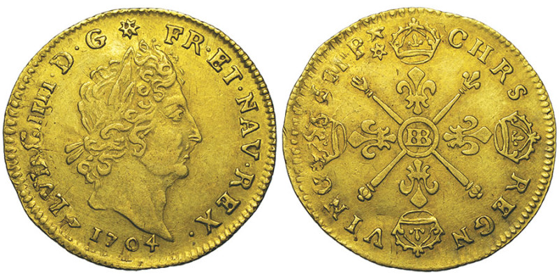 Louis XIV 1643-1715
1/2 Louis d'or aux insignes, rf, Strasbourg, 1704 BB, AU 3.3...