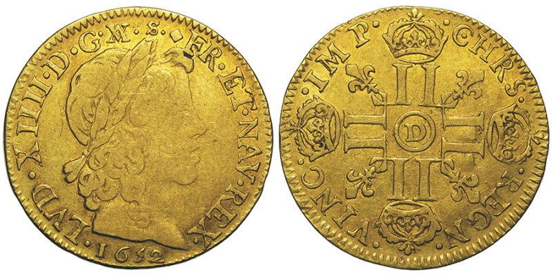 Louis XIV 1643-1715
Louis d'or à la mèche longue, Lyon, 1652 D, AU 6.62 g. Ref :...