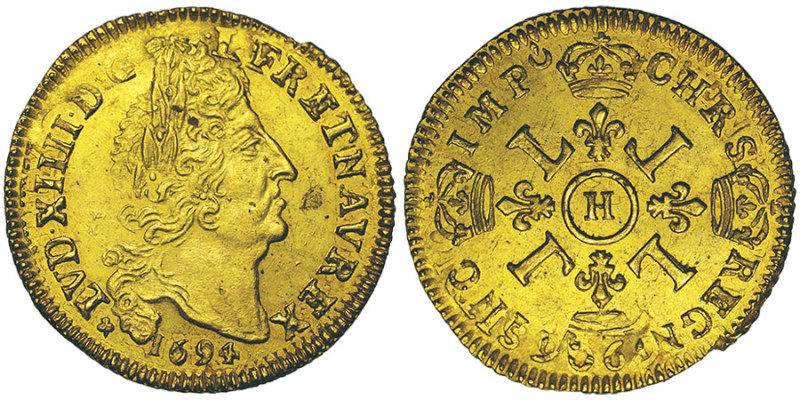 Louis XIV 1643-1715
Louis d'or aux 4 L, rf, La Rochelle, 1694 H, AU 6.70 g. Ref ...