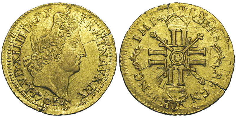 Louis XIV 1643-1715
Louis d'or aux 8 L et aux insignes, rf, Riom, 1701 O, AU 6.6...