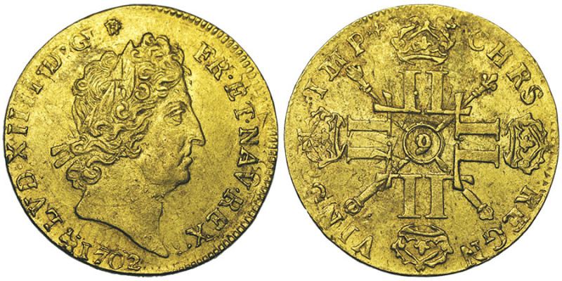 Louis XIV 1643-1715
Louis d'or aux 8 L et aux insignes, rf, Rennes, 1702 9, AU 6...