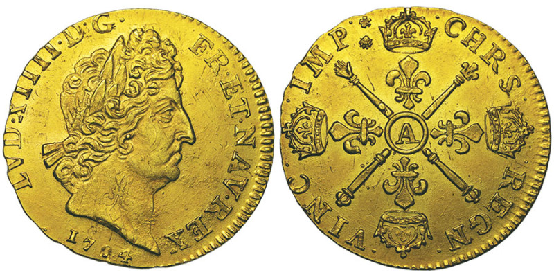 Louis XIV 1643-1715
Louis d'or aux insignes, rf, Paris, 1704 A, AU 6.76 g. Ref :...
