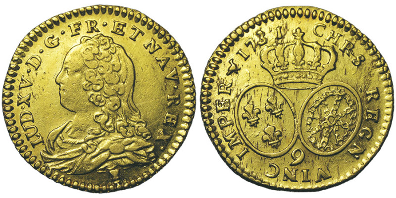 Louis XV 1715–1774
1/2 Louis d'or aux lunettes, Rennes, 1731 9, AU 4.02 g. Ref ...