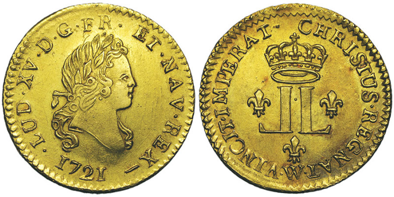 Louis XV 1715–1774
Louis d'or aux 2 L, fn, Lille, 1721 W AU 9,66 g. Ref : Gad. 3...