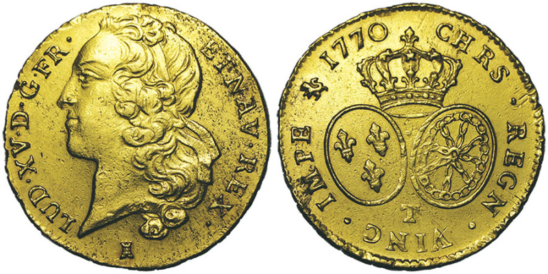 Louis XV 1715–1774
Double Louis d'or au bandeau, Nantes, 1770 T, AU 16.23 g.
Ref...