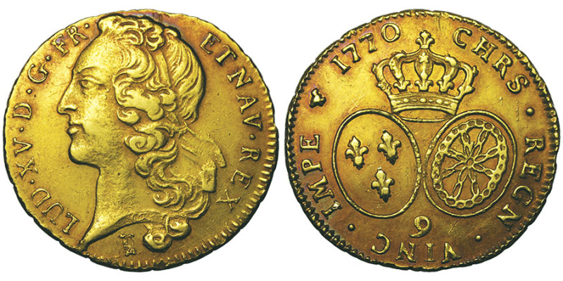 Louis XV 1715–1774
Double Louis d'or au bandeau, Rennes, 1770 9, AU 16.29 g.
Ref...