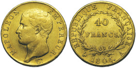 Premier Empire 1804-1814, 40 Francs, Paris, 1806 A, AU 12.88 g. Ref : G.1082, Fr. 481
Conservation : presque Superbe