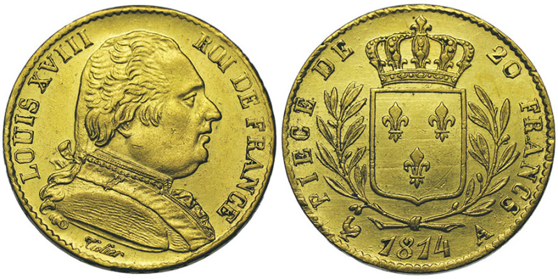 Louis XVIII 1814-1815
20 francs, Paris, 1814 A, AU 6.40 g. Ref : G. 1026, Fr. 52...