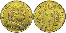 Louis XVIII 1814-1815 20 francs, Londres, 1815 R, AU 6.43 g. Ref : G. 1027, Fr. 531
Conservation : Superbe