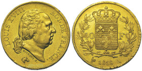 Louis XVIII 1814-1815
40 Francs, Paris, 1818 A, AU 12.86 g. Ref : G.1092, Fr. 532
Conservation : presque Superbe