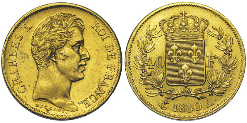 Charles X 1824-1830
40 Francs, Paris, 1830 A, AU 12.88 g. Ref : G.1105, Fr. 547
...