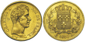 Charles X 1824-1830
40 Francs, Paris, 1830 A, AU 12.88 g. Ref : G.1105, Fr. 547
Conservation : Superbe