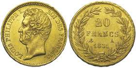 Louis Philippe 1830-1848
20 francs, Paris, 1831 A, tranche en relief, AU 6.42 g. Ref : G. 1030a, Fr. 553
Conservation : Superbe