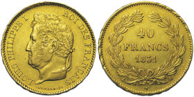 Louis Philippe 1830-1848
40 Francs, Paris, 1831 A, AU 12.88 g. Ref : G.1106, Fr. 557
Conservation : presque Superbe