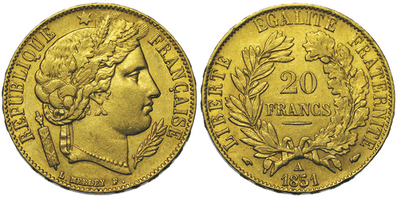 Deuxième République 1848-1852
20 francs, Paris, 1851 A, AU 6.42 g.
Ref : G. 1059...