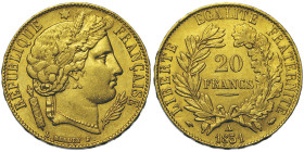 Deuxième République 1848-1852
20 francs, Paris, 1851 A, AU 6.42 g.
Ref : G. 1059 sans point après MERLEY Conservation : Superbe. Rare